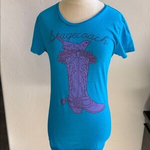 Stagecoach music festival t shirt. Small turquoise purple cowboy boot print